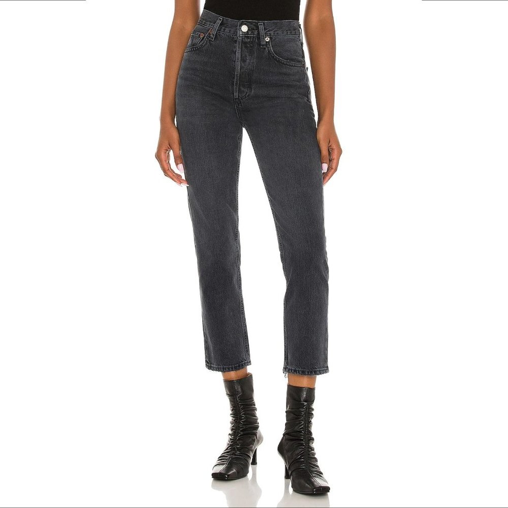 Agolde Riley high rise straight crop jeans black denim button fly new 23